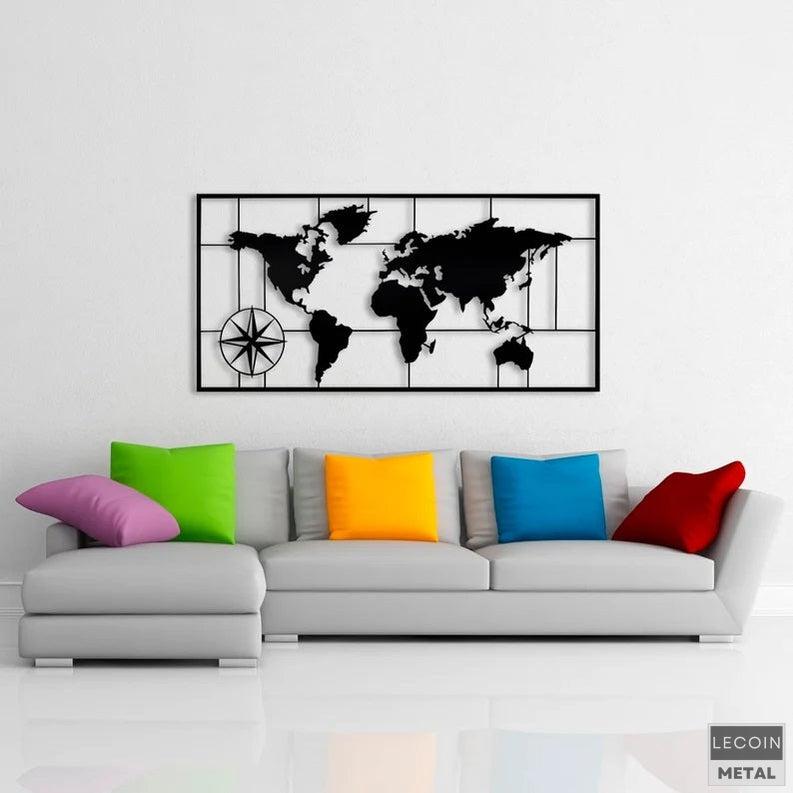 Wandkunst-aus-Metall-mit-Weltkartendesign Wandkunst aus Metall mit Weltkartendesign